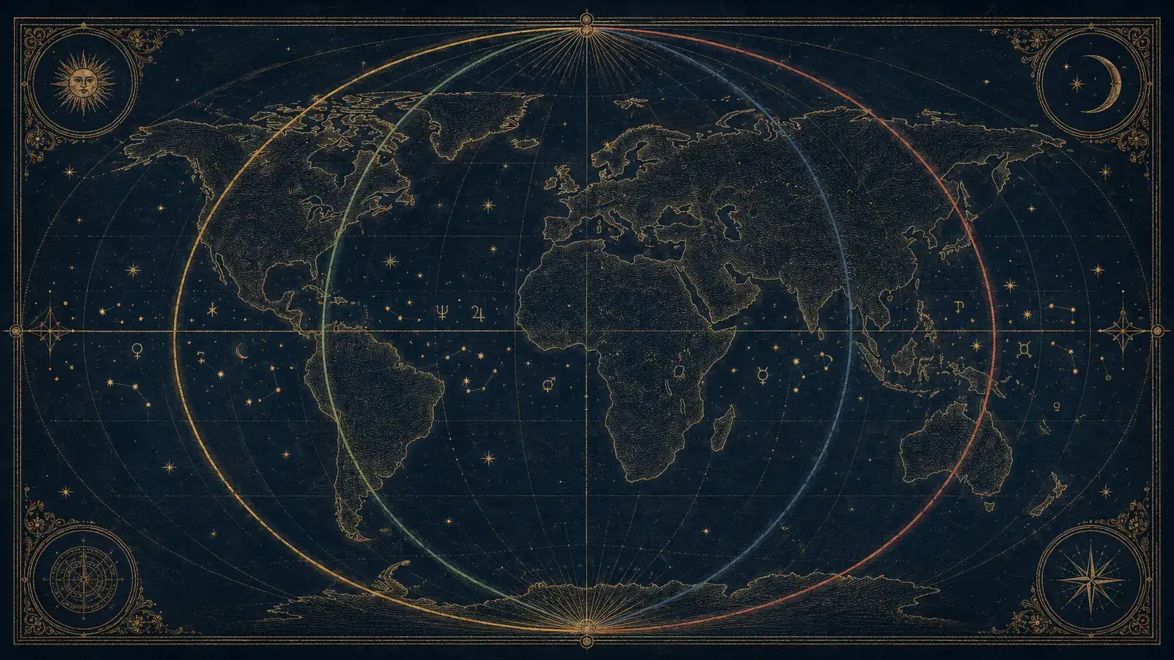大陸をまたいで弧を描くトランジット惑星ラインを示すアストロカートグラフィー世界地図 — AstroChart による位置情報対応のトランジット・チャート分析