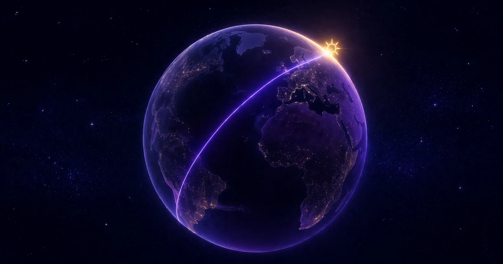 Geometria curva da linha do Ascendente na astrocartografia — globo 3D mostrando uma linha de grande círculo violeta brilhante varrendo a Terra, ilustrando por que a linha ASC é curva num mapa-múndi plano