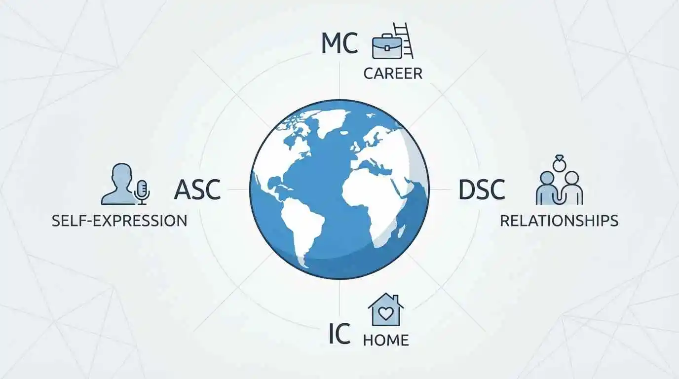 Las Cuatro Líneas Angulares de Astrocartografía - MC (Medio Cielo), IC (Imum Coeli), ASC (Ascendente) y DSC (Descendente) diagrama mostrando cómo cada tipo de línea afecta diferentes áreas de la vida