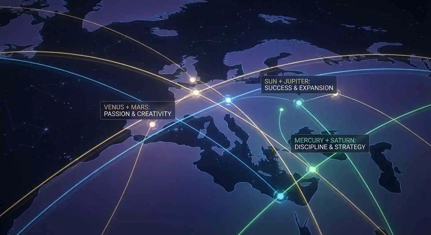 Cruces de Líneas Planetarias de Astrocartografía y Parans - Diagrama visual mostrando cómo diferentes líneas planetarias se intersectan para crear zonas de energía combinada