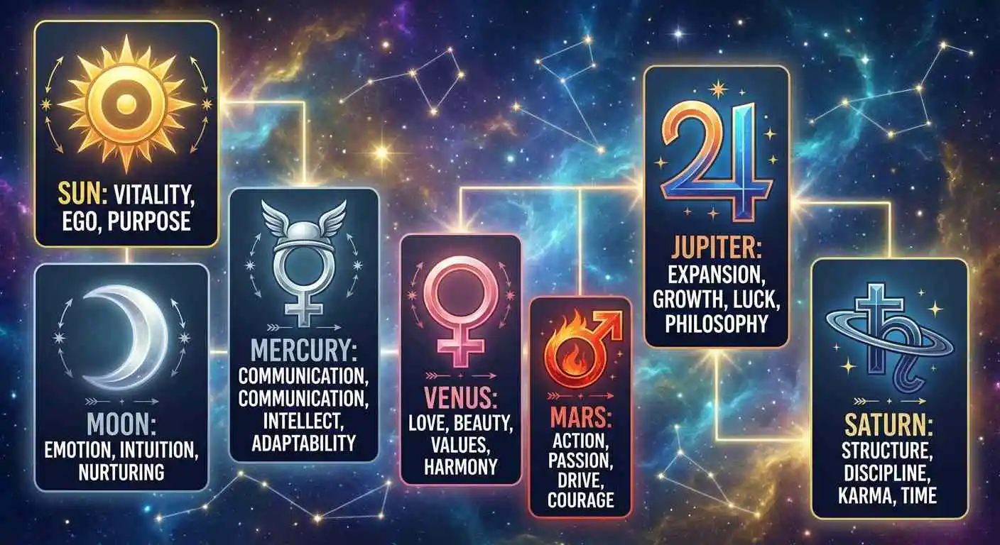 Símbolos Planetarios de Astrocartografía y Sus Significados - Sol, Luna, Mercurio, Venus, Marte, Júpiter, Saturno, Urano, Neptuno y Plutón con sus símbolos astrológicos e influencias clave