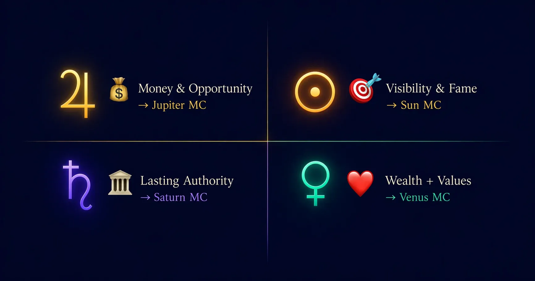 Linea del successo in astrocartografia per obiettivo — matrice decisionale che mostra Giove MC per denaro e opportunità, Sole MC per visibilità e riconoscimento, Saturno MC per autorità duratura, Venere MC per ricchezza allineata con i valori