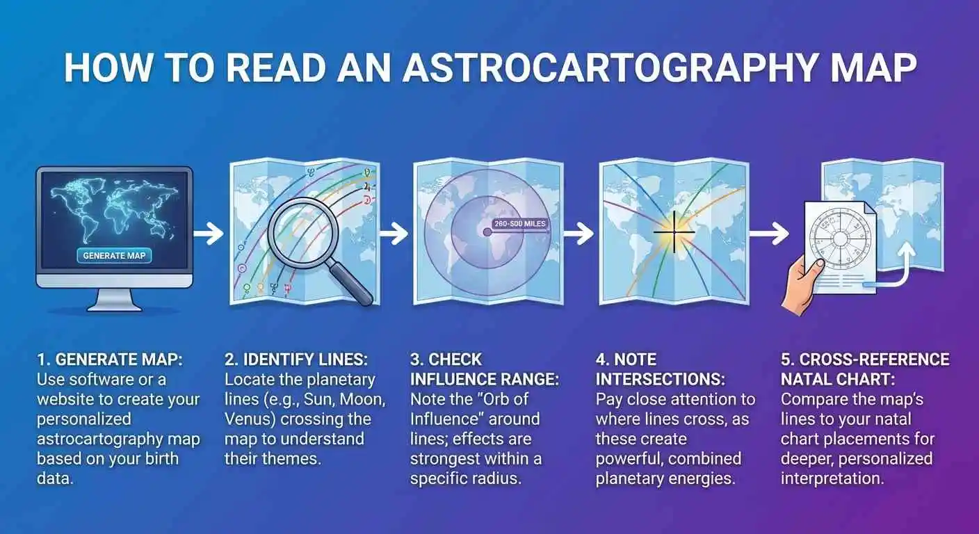 Cómo Leer un Mapa de Astrocartografía - Guía visual paso a paso mostrando los 5 pasos clave: Generar Mapa, Identificar Líneas, Verificar Orbe, Notar Cruces, Cruzar Referencias con Carta Natal