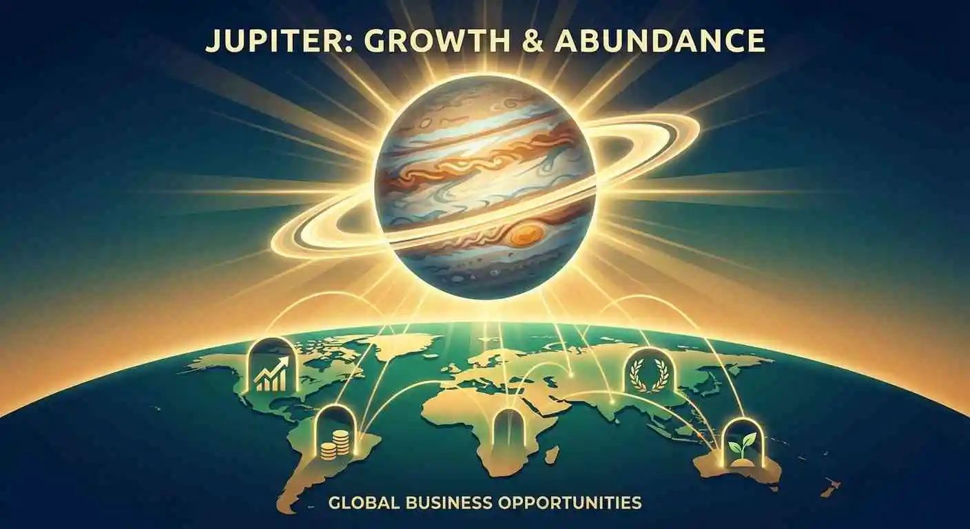 Línea Júpiter MC en Astrocartografía - Planeta Júpiter irradiando luz dorada sobre la Tierra con oportunidades de negocios globales y símbolos de crecimiento