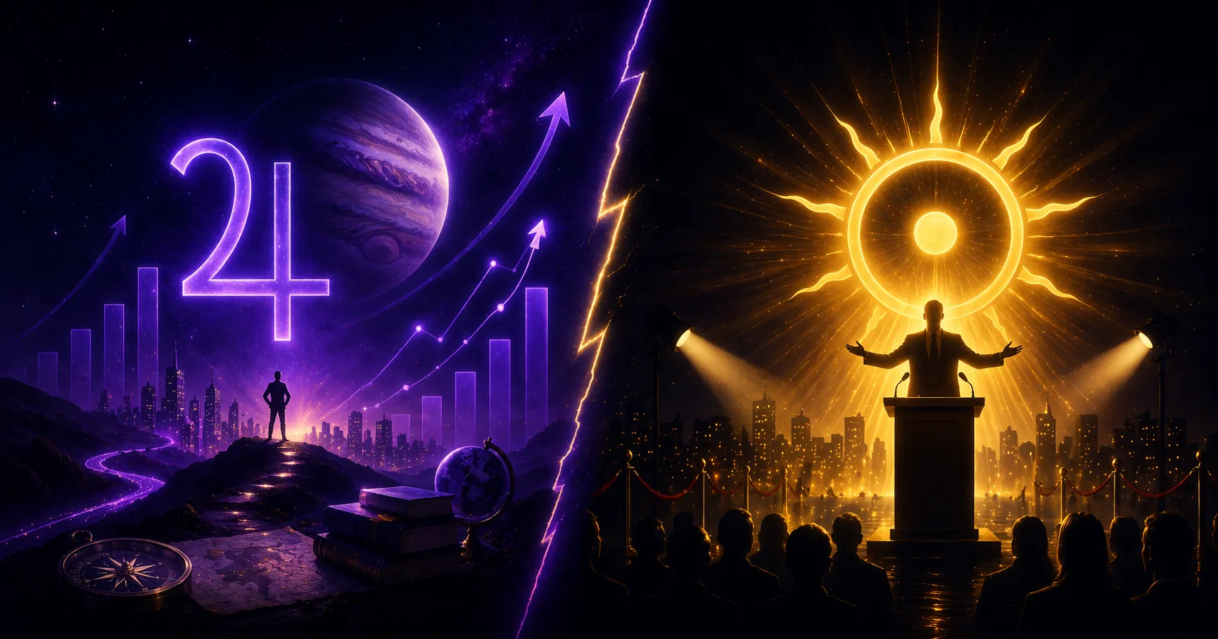 Confronto astrocartografico Giove MC vs Sole MC — la linea di Giove apre porte e produce opportunità rapide mentre la linea del Sole costruisce visibilità e riconoscimento duraturo