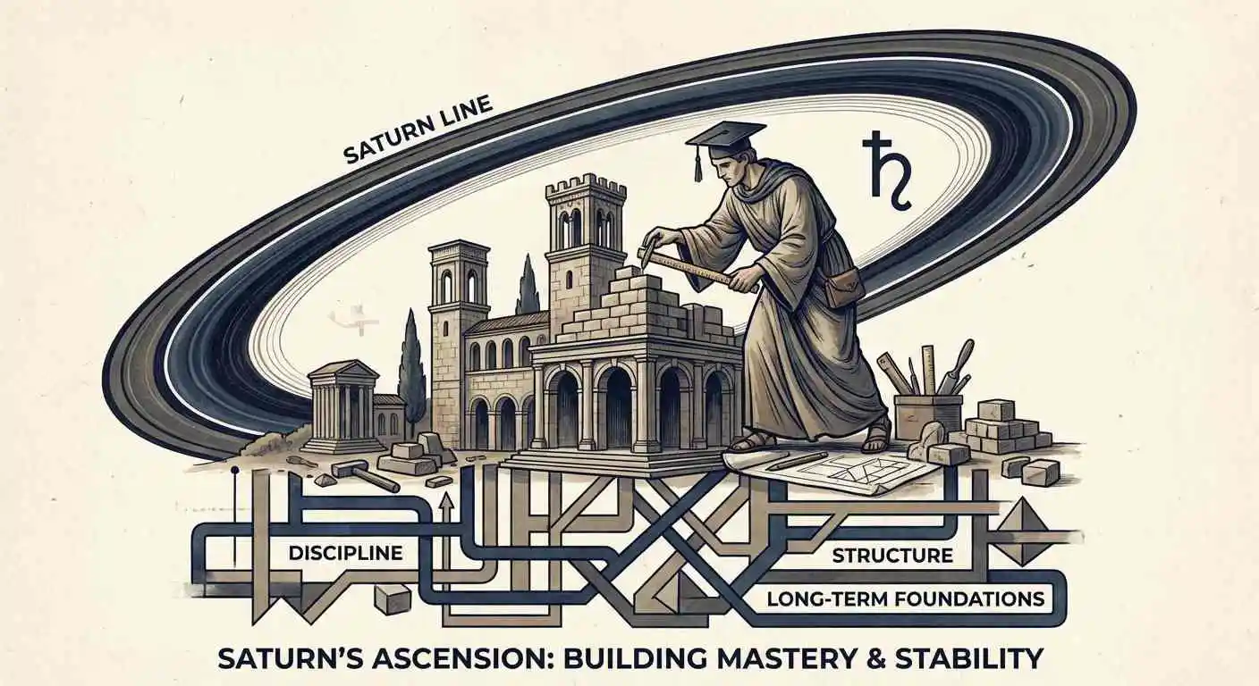 Saturno Construyendo Maestría y Estabilidad - Un académico y constructor con birrete y símbolo de Saturno representando maestría, disciplina y construcción de fundamentos duraderos a través de la paciencia