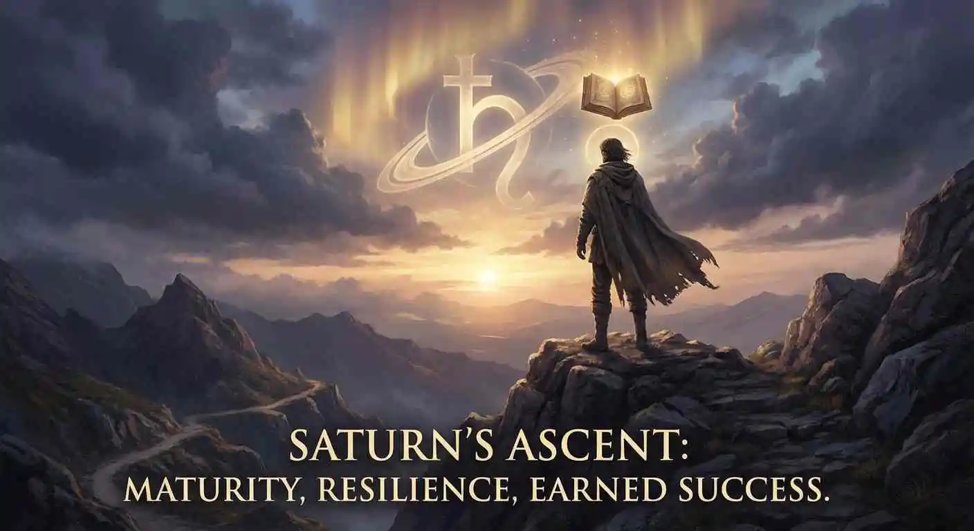 El Éxito Ganado y la Sabiduría de Saturno - Una persona de pie en la cima de una montaña con el planeta Saturno y símbolo astrológico representando madurez, resiliencia y logros ganados con esfuerzo