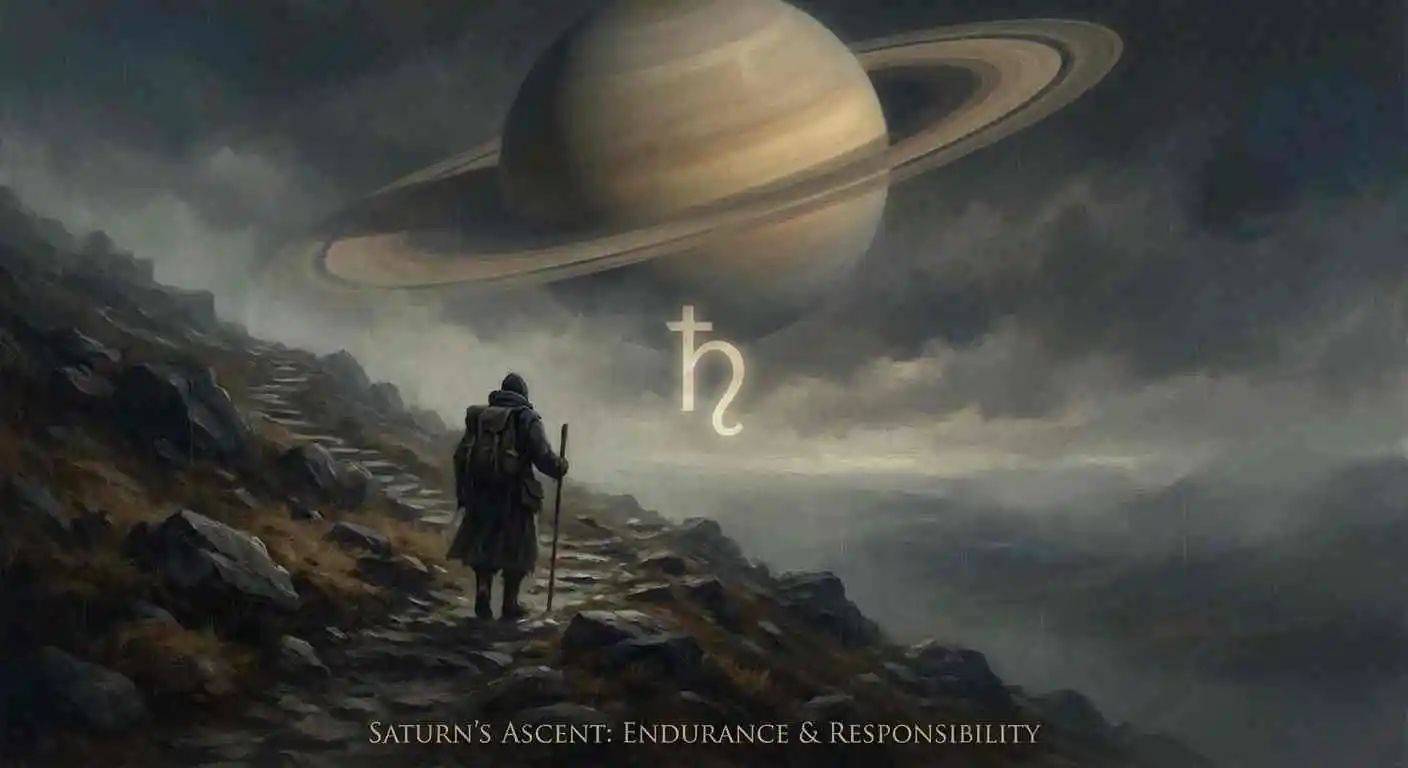 El Ascenso de Saturno en Astrocartografía - Un viajero subiendo escalones rocosos hacia el planeta Saturno con símbolo astrológico, representando resistencia, responsabilidad y el viaje de crecimiento personal