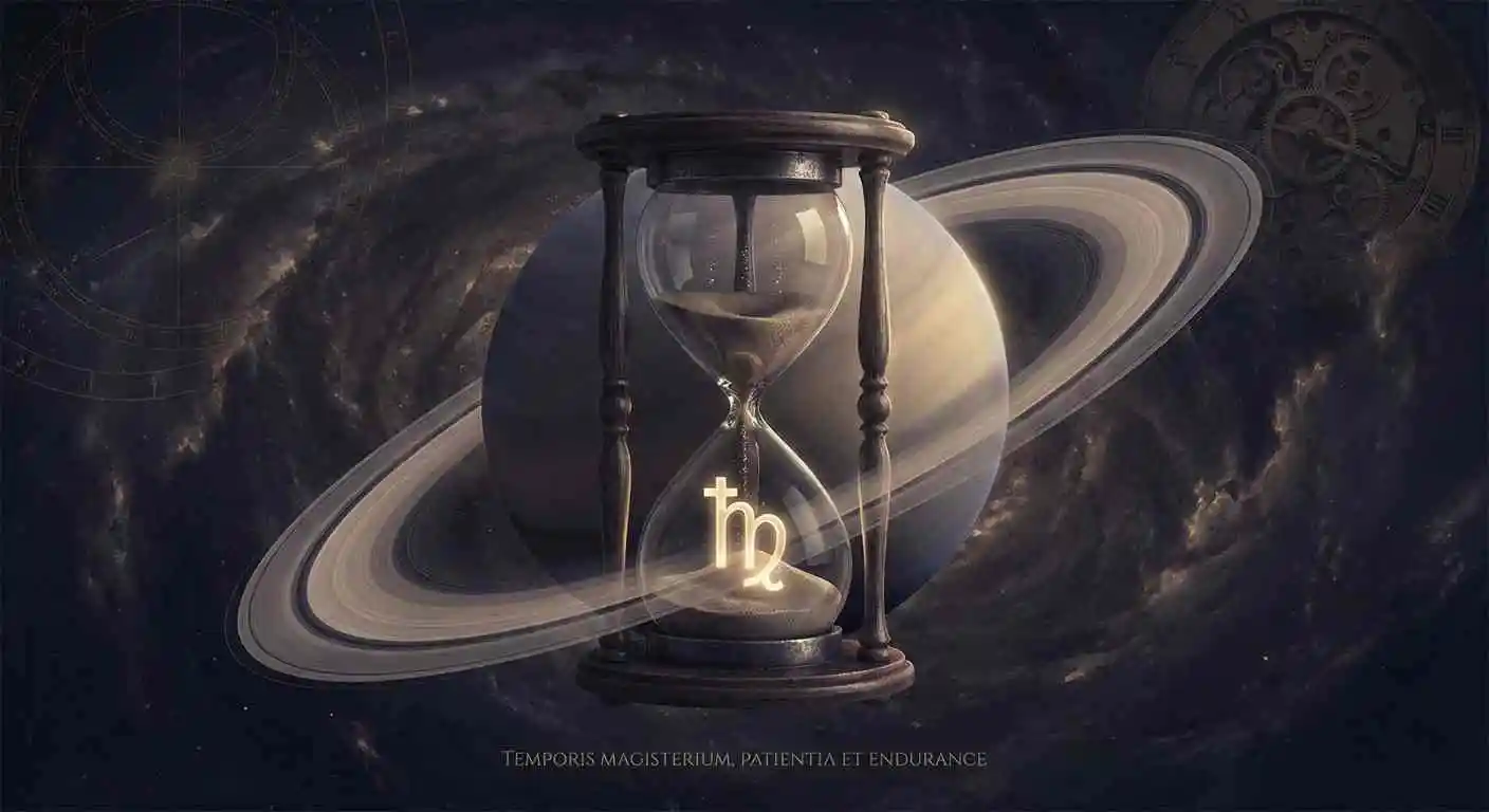 Saturno y el Tiempo en Astrocartografía - Un reloj de arena con el planeta Saturno y símbolo astrológico representando paciencia, dominio del tiempo y resistencia