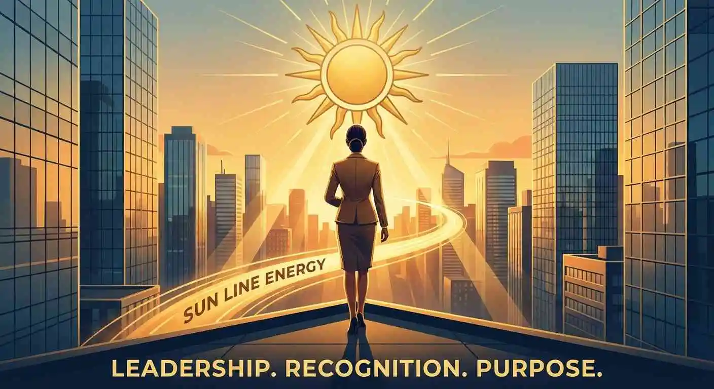 Energía de la Línea Sol MC en Astrocartografía - Mujer profesional caminando hacia el sol con horizonte de ciudad representando liderazgo, reconocimiento y propósito profesional