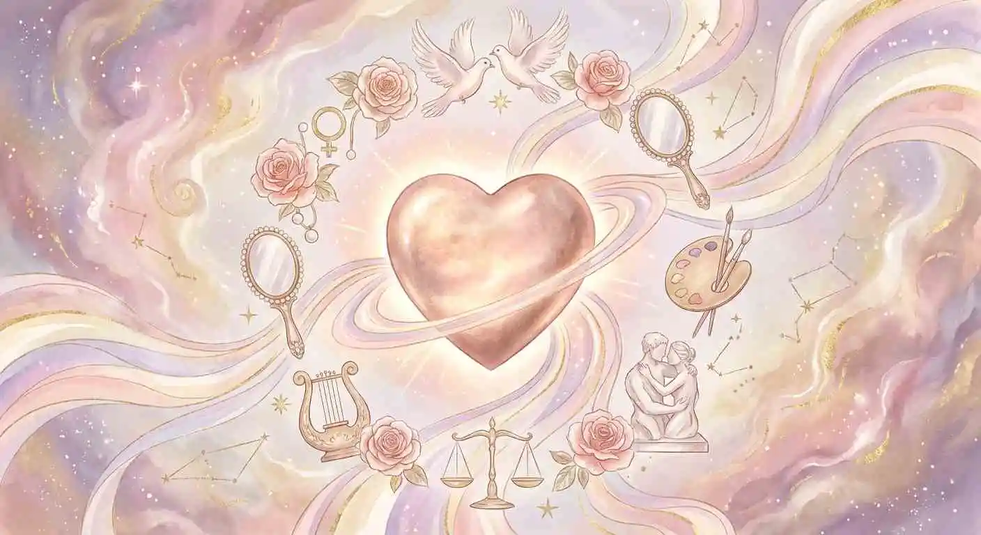 Venus en Astrología - Símbolo de corazón con iconos de amor, belleza, armonía y placer que representan la influencia de Venus en las relaciones románticas