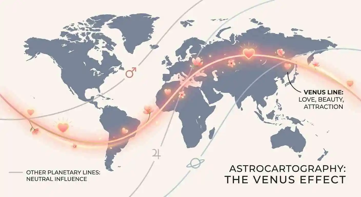 El Efecto Venus en Astrocartografía - Infografía que muestra cómo las líneas de Venus en tu mapa de carta natal mejoran el amor, la belleza y la armonía en ubicaciones específicas