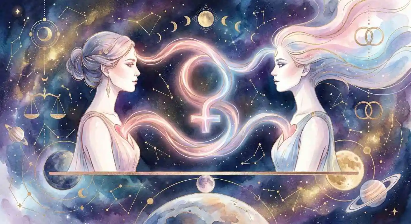 Las Cuatro Líneas de Venus en Astrocartografía - Dos mujeres con símbolo cósmico de Venus representando las líneas ASC, DSC, MC e IC que conectan almas en todo el mundo